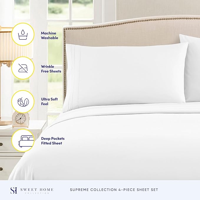 Split King Sheets - Breathable Luxury Sheets with Full Elastic & Secure Corner Straps Built In - 1800 Supreme Collection Extra Soft Deep Pocket Bedding Set, Sheet Set, Split King Size, White