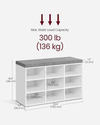 VASAGLE CUSTOS Collection - Shoe Bench, Storage Bench with Padded Seat, Entryway Bench with 9 Compartments, for Bedroom, 11.9 x 30.9 x 18.9 Inches, Cloud White and Dove Gray ULHS009W14