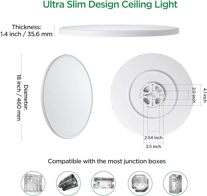 TALOYA 18 Inch Flush Mount Led Ceiling Light Fixture 5 Color Temperature Settings Round Surface Mounted Fixture Dimmable Ultra Slim Ceiling Lamp for Living Room