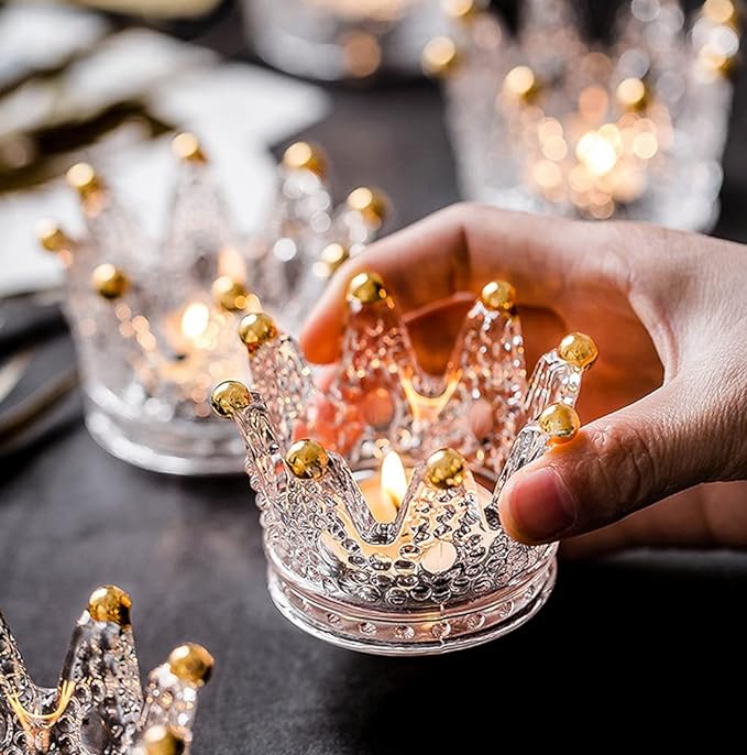 Vixdonos Votive Candle Holders Set of 6 Crown Glass Tealight Candle Holder for Wedding, Party and Home Decor (Gold Tips)
