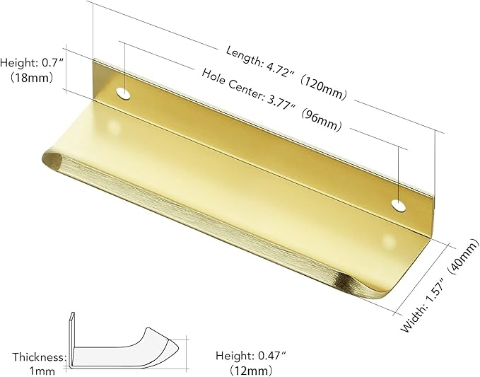 Ravinte Hardware 10 Pack Gold Cabinet Handles, 4.75 Inch (120mm) Finger Edge Pulls, 3.75 Inch Hole Center, Finger Pulls for Cabinets