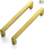 JOY DECOR 12 Pack Cabinet Handles, Gold Cabinet Pulls, 6-1/4 Inch Kitchen Closet Handles Square Drawer Pulls Stainless Steel Drawer Hardware, 160mm Hole Centers