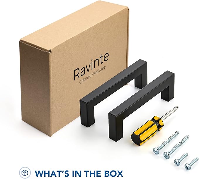 Ravinte 30 Pack Black Cabinet Pulls 3-3/4 Inch Square Kitchen Cabinet Handles Matte Black Kitchen Hardware for Drawer Pulls Drawer Handles Come with Screwdriver