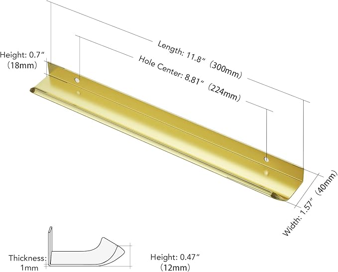 Ravinte Hardware 6 Pack Gold Cabinet Handles, 11.8 Inch (300mm) Finger Edge Pulls, 8.8 Inch Hole Center, Finger Pulls for Cabinets