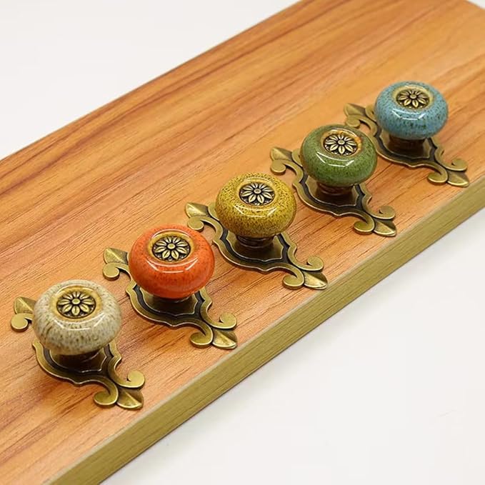 10 Pack Retro Ceramic Knobs,Vintage Dresser Kitchen Petal Cabinet Pulls Rustic Zinc Alloy Base Back Plate Kid Cupboard Wardrobe Drawer Door Handles (Leopard Print Blue)