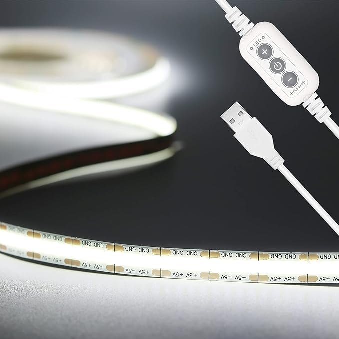 PAUTIX 5V USB LED Strip Light 6.56ft/2m, 640LEDs 1200lm Dimmable COB LED Strip 6000K Daylight White CRI90+ USB Powered Backlight for Sewing Machine,Mirror, Cabinet, Wardrobe, DIY Lighting Project