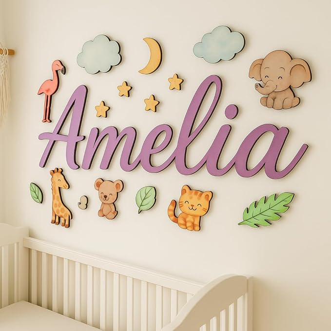 Custom Nursery Name Sign with Themed Decor Kit | Personalized Wooden Wall Art for Baby, Kids Room | Space, Jungle, Circus, Under The Sea, Woodland, Rainbow (10", Jungle/Safari)