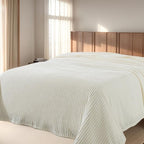 Cuddly Blanket King Size, Fluffy Fleece Blanket, Warm and Soft Blanket with Striped Pattern for King Calking Bed, 90x108 Inches,Cream