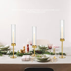 Glass Hurricane Candle Holders Set (3pcs)-Gold Metal Base Taper Candle Stick Holders for Candlesticks Holder Decor, Elegant Dining Table Centerpiece for Wedding, Christmas & Home Decor-Ribbed Glass