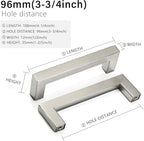 Cabinet Pulls Brushed Nickel Cabinet Handles Square Drawer Pulls, 2 Pack 3-3/4 Inch Stainless Steel Kitchen Door Cupboard Cabinet Handles, Cabinet Hardware Drawer Handles, 96mm Hole Centers