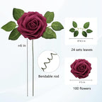 JOYLEX Artificial Flowers Realistic Roses, Real Looking Fake Roses with Stem for DIY Wedding Bouquets Centerpieces Bridal Shower Party Home Romantic Decorations (Wine Red, 100pcs)