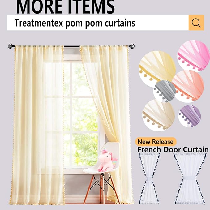 Treatmentex Pom-Pom Sheer White Curtains Extra Long 108-inch for Living Room, Slub Linen Textured White Sheer Window Drapes for Bedroom 2 Pack 52" w