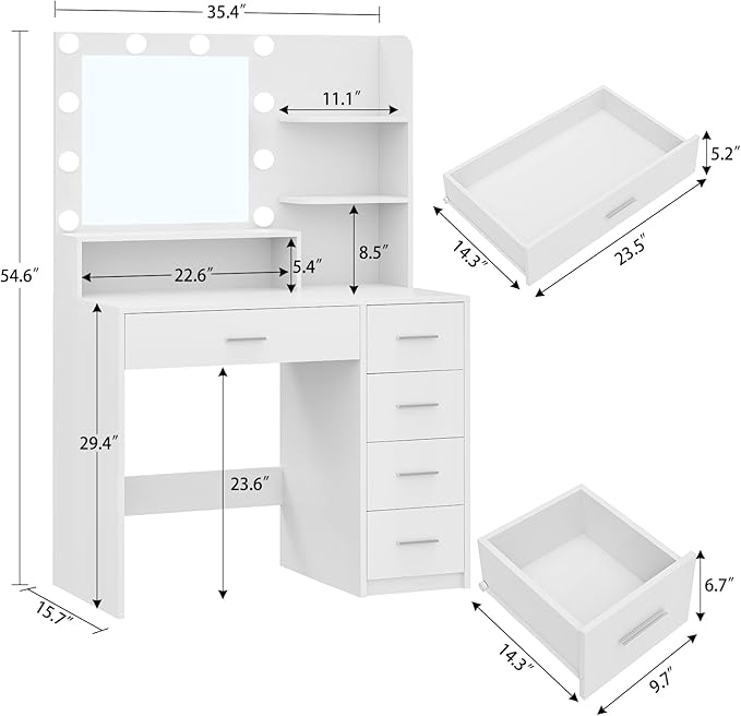 Quimoo Vanity Desk with Mirror & Lights, Makeup Vanity with 5 Drawers & Storage Shelves, White Vanity Table, 3 Color Modes & Adjustable Brightness, Dressing Table, Bedroom