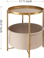danpinera Round Side Table with Fabric Storage Basket, Pack of 2, Metal Side Table Small Bedside Nightstand with Removable Tray Top for Living Room, Bedroom, Nursery, Laundry, Gold