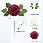JOYLEX Artificial Flowers Realistic Roses, 50 pcs Real Looking Fake Roses with Stem for DIY Wedding Bouquets Centerpieces Bridal Shower Party Home Romantic Decorations (White & Wine Red)