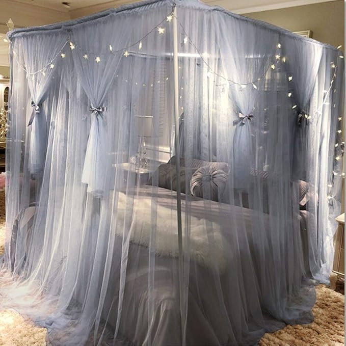 Joyreap 4 Corners Post Canopy Bed Curtain for Girls & Adults - Royal Luxurious Cozy Drape Netting - Cute Princess Bedroom Decoration Accessories(Gray-Blue, Twin)