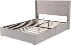 Allewie Queen Size Lift Up Storage Bed, Modern Wingback Headboard, Hydraulic Support, No Box Spring Needed, Light Beige