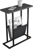 Yusong Narrow Side Table for Small Spaces, Small End Table with Magazine Holder, Skinny Slim Little Thin Table for Living Room, Bedroom, Sofa, Black Oak
