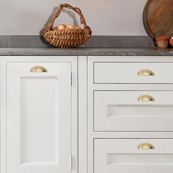 khtumeware 10 Pack 3-1/2" Drawer Pulls Brushed Brass Cabinet Cup Pulls Kitchen Hardware Cabinet Handles Drawer Handles Knobs 3.5 inch Hole Center