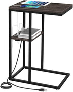 Yoobure C Shaped End Table with Charging Station for Living Room, Bedroom, Sofa Table with USB Ports and Outlets for Small Spaces, C Couch Rustic Snack Bed Table, Charcoal Gray
