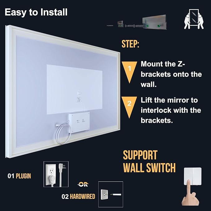 LED Bathroom Mirror 55"x 36",Front Lit and Backlit Bathroom Mirror with Lights,Stepless Dimmable,Anti-Fog, Shatter-Proof, Memory, 3 Colors Lighted Vanity Mirror (Horizontal/Vertical)