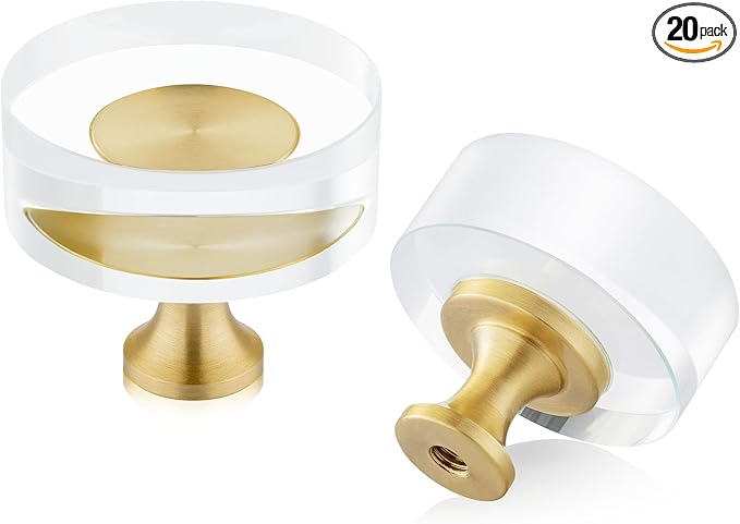 QOGRISUN 20-Pack Brass Crystal Cabinet Knobs,Glass Crystal Gold Drawer Knobs,1-1/4-Inch Round, Decorative Dresser Pulls, Modern Cabinet Hardware