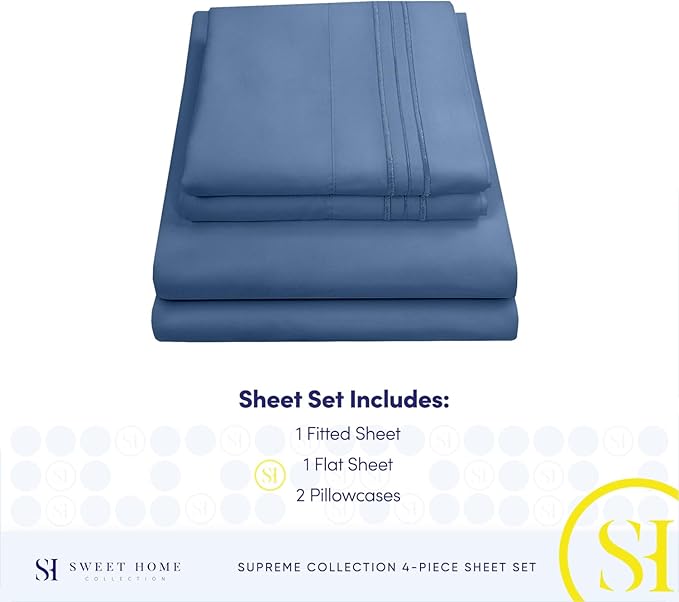 RV Queen Bed Sheets - Breathable Luxury Sheets with Full Elastic & Secure Corner Straps Built In - 1800 Supreme Collection Extra Soft Deep Pocket Bedding Set, Sheet Set, RV Short Queen, Denim