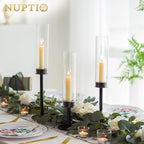 NUPTIO Hurricane Candle Holders Bulk: 18 Pcs Black Tapered Candlesticks Holder with Crystal Glass Cylinder Sleeves Metal Taper Candle Stick Holder for Christmas Thanksgiving Party Event Centerpieces