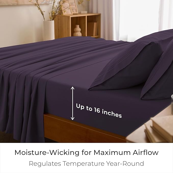 Mellanni California King Sheets Set - 4 PC Iconic Collection Bedding - Hotel Luxury, Extra Soft, Cooling Bed Sheets - Wrinkle, Fade, Stain Resistant (Cal King, Purple)