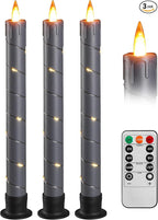 Da by 3 Pcs Flickering Flameless Battery Operated Taper Candle-Window Candles with Remote and Time-LED 3D Dynamic Flame-9.6 Inches for Wedding, Party,Home Decoration-Grey