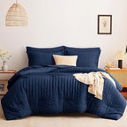 CozyLux Queen Comforter Set Navy Blue Seersucker 7 Pieces Bed in a Bag Queen Comforter Set with Sheets Luxury Soft Bedding Set with Down Alternative Comforter, Sheets, Pillowcases & Shams All Seasons