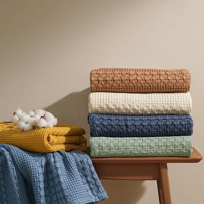 PHF 100% Cotton Waffle Weave Blanket King Size for Bed, Soft Lightweight & Breathable, All-Season Comfort, Luxury Aesthetic Woven Bedding for Home Decor, 108"x90", Pink/Mauve