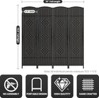 4 Panel Room Divider,6Ft Folding Privacy Screen,Tall - Extra Wide Foldable Panel Partition Wall Divider with Diamond Double-Weaved Hand-Woven Design Room Screen Divider
