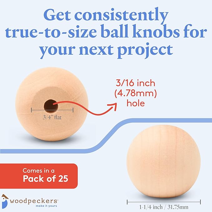 Natural Wood Drawer Pulls, 1.25 Inch Round Knobs, Pack of 25 Unfinished Ball Shaped Cabinet Pulls for Nursery Dresser, Door and Crafts