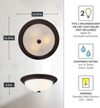 DESIGNERS FOUNTAIN Reedley 2-Lights Flush Mount Ceiling Light, 11 Inch Lighting Fixture for Kitchen, Bedroom, Bathroom, and Hallway, Oil Rubbed Bronze with Etched Glass, 1257S-ORB-W