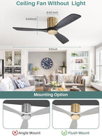 Sofucor 52 Inch Solid Wood Ceiling Fan Without Lights Flush Mount Ceiling Fans with Remote Control-Wood Blades Modern Outdoor Ceiling Fan No Light for Bedroom/Farmhouse/Patio/Indoor, Black Gold