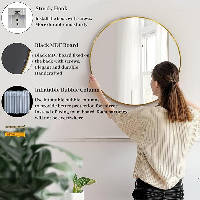 Gold Round Mirror 30 inch, Large Circle Mirror, Round Wall Mirror Metal Frame, Gold Circle Mirrors for Wall, Bathroom, Living Room, Hallway.