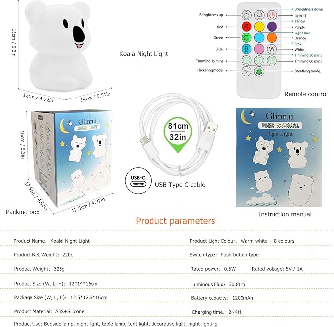 Large Koala Night Lights Kid Bedside Bedroom Light, Nursery Moon lamp, Portable Color Changing Care Lamps - Break Resistant, Eye Caring, Adjustable Brightness & Color and Time Setting - Large