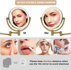 Wall Mounted Makeup Mirror with Lights and 10X Magnification, 8" Rechargeable Double Sided Magnifying Touch Dimmable Extended Arm 360 Rotation, Foldable Vanity Mirror for Bathroom, Antique Brass