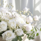BLEUM CADE 50 Pcs White Roses Artificial Flowers, Real Touch Velvet Roses Fake Flowers Bulk, Artificial Roses Bouquet with Long Stems Bridal DIY Wedding Party Centerpiece Decorations