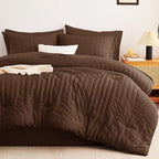 CozyLux Full Size Comforter Sets with Sheets 7 Pieces, Brown Seersucker Bed in a Bag Textured Luxury Soft Bedding Set with Down Alternative Comforter, Sheets, Pillowcases & Shams for All Seasons