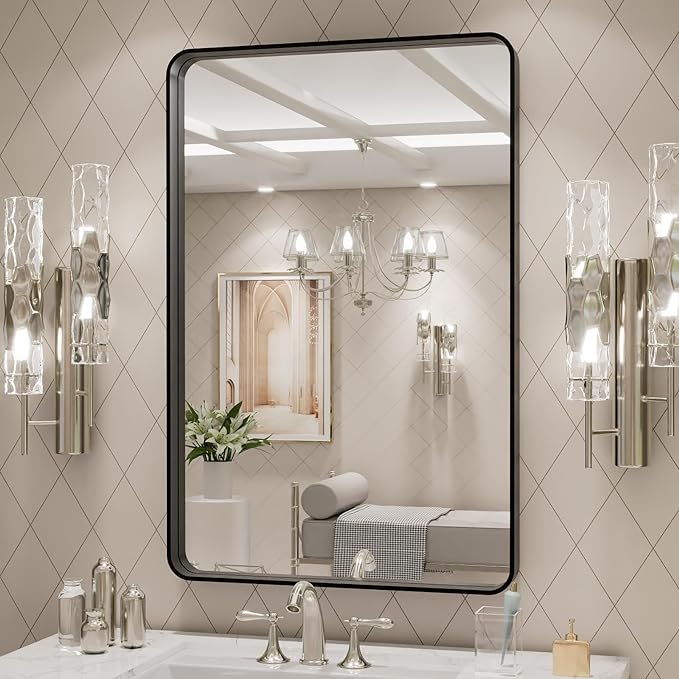 LOAAO 20X30 Inch Black Metal Framed Bathroom Mirror for Wall, Matte Black Bathroom Vanity Mirror Farmhouse, Large Rounded Rectangle Mirror, Anti-Rust, Hangs Horizontally or Vertically