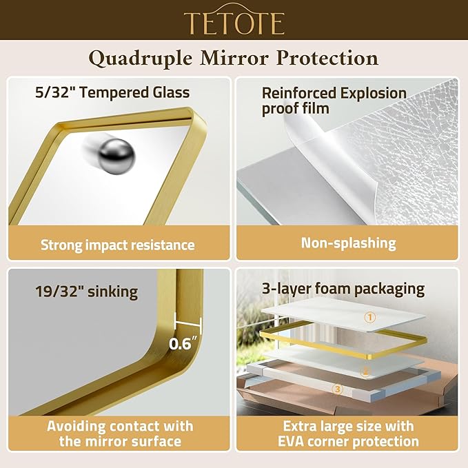 TETOTE Gold Framed Mirror 36 x 36 Vanity Mirrors for Wall Decor Brushed Gold Bathroom Mirrors, Tempered Glass, Modern Farmhouse Wall Mounted Mirror for Decorative(Horizontal/Vertical)
