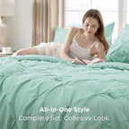 Bedsure Full Comforter Set Mint Green - Bed in a Bag Full Size Bedding Set 7 Pieces, GentleSoft™ Pintuck Bed Set Gift for Family, Pinch Pleat All Season Comforter with Sheets, Pillowcases & Shams