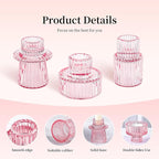 Taper Votive Candle Holder for Pillar Candles Tealight, Candlestick Holder for Wedding Christmas Tea Party, Boho Ribbed Vintage Crystal Glass Table Centerpiece Decor, Bulk Set of 6 (Pink)