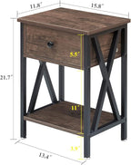 VECELO Nightstands Set of 2, Modern Bedside End Tables, Night Stands with Drawer and Storage Shelf for Living Room Bedroom, Industrial Metal Frame