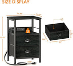 Furologee Nightstand with Charging Station, Black Night Stand with 2 Fabric Drawers, Side Table with USB Ports, End Table with Storage Shelf, for Living Room/Bedroom, Black Oak