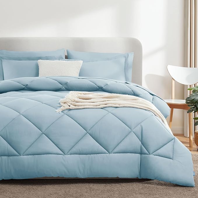 CozyLux Full Size Comforter Sets Light Blue - 7 Pieces Bed in a Bag Full, Luxury Soft Bed Set for All Seasons, Bedding Set with Down Alternative Comforter, Sheets, Pillowcases & Shams