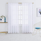 Treatmentex White Linen Sheer Curtains for Living Room 95" Long Colorful Pompoms Kids Window Draperies for Nursery Room Baby Voiles 2 Panels