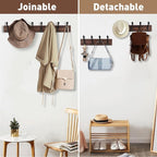 32.2'' Large Coat Rack Wall Mount Coat Hooks Coat Hanger with 8 Metal Black Triple- Hooks Brown Pine Real Wood Plank Hat Rack for Wall Hooks for Hanging Coat Hat Jacket